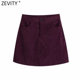 Women Vintage Zipper Fly Pockets Corduroy A Line Faldas Mujer Female Fashion Chic Vestido Business Skirt QUN715 210416