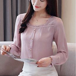 Korean Slim Long Sleeve Female Shirt Fashion Chiffon White Blouses Shirts blusas Vintage Elegant Women's 11G 210420