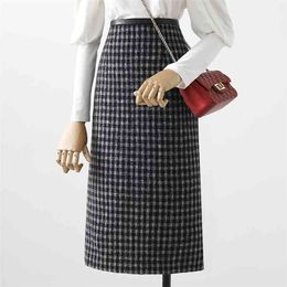 Woollen Skirt Women's Autumn and Winter Style Slim High Waist Mid-length Plaid A-line Back Split Hip HK154 210507