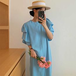 Korean Chic Summer Solid Elegant Blue O Neck Short Sleeve Split Dress Women Ruffled Lace Up Waist Puff Vestidos Mujer Loose 210610