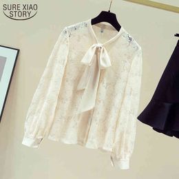 Korean See Through Bow Collar Latern Long Sleeve Lace Women's Shirt Autumn and Winter Solid Hollow Straight Cardigan 11227 210508
