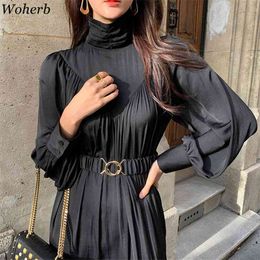 Vintage Turtleneck Long Sleeve Dress Women Pleated Robe Belt Female Maxi Dresses Elegant Party Vestidos Femme Autumn 210519