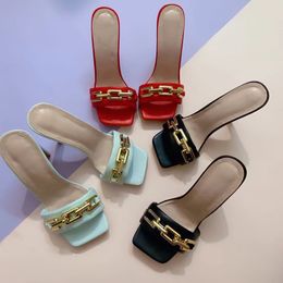 2022 Summer Elegant Women's Slippers Fashion New Metal Chain Decoration High Heels Mules Slides Pumps Square Toe Ladies Shoes ere8665