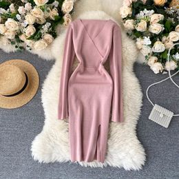 Knitting Sweater Dress Women Korean Sexy V Neck Split Long Sleeve Dress Autumn Winter Elastic Slim Warm Bodycon Dress 210419