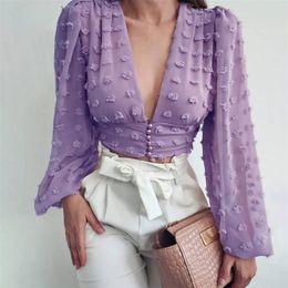 purple deep v neck blouse shirt women long lantern sleeve chic sexy elegant fashion ladie spring autumn tops 210427