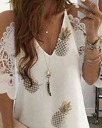 Women Summer Elegant Pineapple Print Cold Shoulder Crochet Lace Dress Lady Short Sleeve Hollow Out Casual Mini Dress 210415