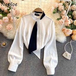 Neploe O Neck Lace Up Bow Design Elegant Blouse Women Pullover Puff Long Sleeve Chiffon Shirt Spring Ol Shirt Feminino 210510