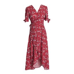 PERHAPS U Red Floral Print V Neck Short Sleeve Wrap Dress Midi Split Summer Beach Vocation Holiday D0740 210529