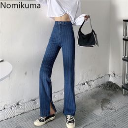 Nomikuma Straight Jeans Women High Waist Korean Style Striped Wide-leg Denim Pants Side Split Casual Loose Pantalones Femme 210514