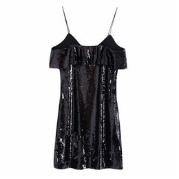 Women Summer Fashion Mini Dress Sleeveless Ruffles Sequins Sexy Spaghetti Strap Female Elegant Party Dresses Clothes Vestidos 210513