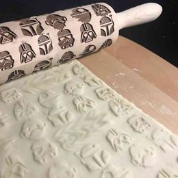 Embossed Rolling Pin Baking Cookies Noodle Biscuit Fondant Cake Dough Engraved Dinosaur Rolling Pin Kitchen Mom Gift 210401