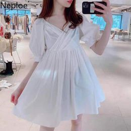 Neploe Design Fashion Woman Dress Sexy V Neck Puff Sleeve High Waist Solid Femme Robe Spring Japanese Fresh Clothing with Camis 210423