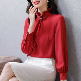 Korean Silk Women Blouses Woman Satin Beading Shirts Long Sleeve Shirt Tops Plus Size Ruffles Top 210604