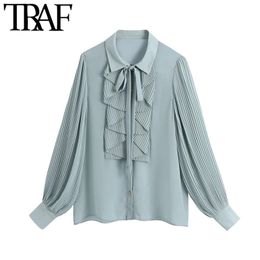 TRAF Women Fashion With Buttons Ruffled Blouses Vintage Pleated Long Sleeve Office Wear Female Shirts Blusas Chic Tops 210415