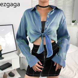 Ezgaga Womens Sexy Tops New Fashion Long Sleeve Glitter Liangsi Shirts Button Slim Waist Lace-Up Thin Short Blouse Streetwear 210430