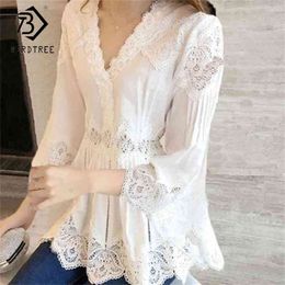 Spring Autumn Arrival Ladies Sweet Ruffles V-Neck Fashion Lace Shirt Patchwork Hollow Out Women Blouses Casual Tops T80202L 210721