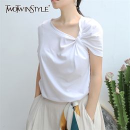 TWOWINSYLE Asymmetrical White Shirt For Women Skew Collar Short Sleeve Casual Shirts Female Fashion Clothing Summer 210524