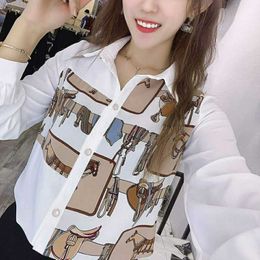 Women's Spring Autumn Style Chiffon Blouses Shirt Button Cartoon Printed Long Sleeve Loose Casual Tops DF3909 210609