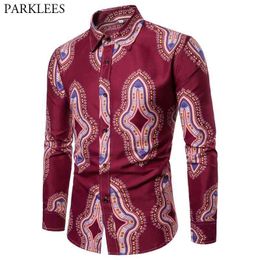 Wine Red African Shirt Men Fashion African Dashiki Print Mens Dress Shirts Slim Fit Long Sleeve Shirt Male Chemise Homme 210524