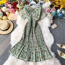 Women's Floral Chiffon Dress Waist Slimming Summer Peter Pan Collar Bow Lacing Pleated ML880 210506