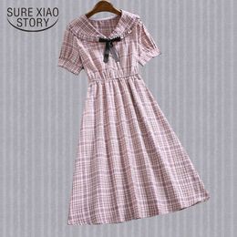 Fashion Striped Short Sleeve A-line Women Dress Summer Vintage Bow Knee-Length Flare Sleeve Chiffon Dress Lady 4851 50 210527