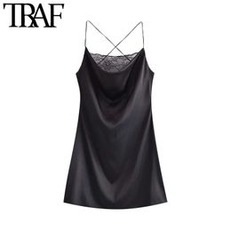 TRAF Women Sexy Fashion Lace Patchwork Soft Touch Mini Dress Vintage Back Cross Thin Straps Female Dresses Vestidos 210415