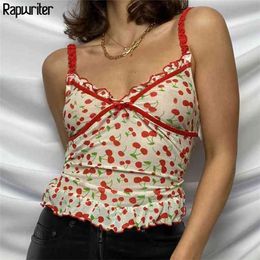 Summer Strap Cherry Print Ruched Fashion Cropped Tops Women Ruffles Bow Sleeveless Aesthetic Tank Top Tee Sexy 90s V Neck Camis 210510