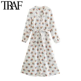 TRAF Women Chic Fashion With Belt Floral Print Midi Dress Vintage Long Sleeve Button-up Female Dresses Vestidos Mujer 210415