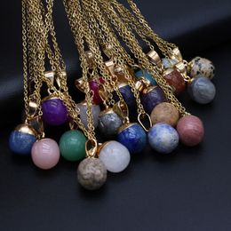 Gold Edged Round Ball Reiki Healing Crystal Pendant Energy Stone Quartz Link Necklaces Fashion Women Men Jewellery MKI Wholesale
