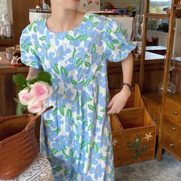 Loose O Neck Puff Sleeve Flower Dress Women Fashion Vintage Summer Clothing Sweet Pleated Waist Vestidos Mujer Short 210610