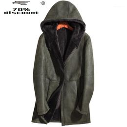 Men's Leather & Faux Shearling Mens Genuine Jacket Sheepskin Real Fur Coat Men Hooded Winter Long Jackets 02E2023 KJ2420