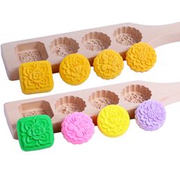 Wooden Baking Pastry Tool 4 Holes Mooncake Mold 3D Flower Fondant Cake Mould Kitchen Accessories
