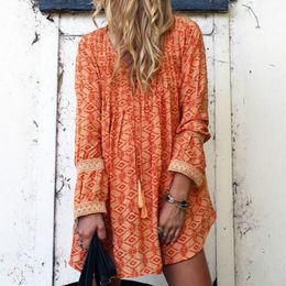 Women Loose Print V Neck Midi Dress Spring Summer Orange Long Sleeve Lace-Up Ladies Casual Boho Beach Dress Vestidos Mujer 210416