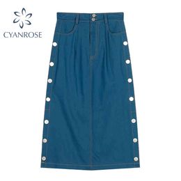 Women Spring Blue Denim Skirt High Waist Zipper Button Skirt Lady Elegant A Line Korean Vintage Street Stylish Jeans Skirts 210417