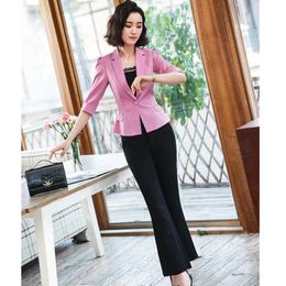 Formal Office Ladies Pink Blazer Women Business Suits Pant And Jacket Sets Work Wear Clothes Half Sleeve Women's Two Piece Pants