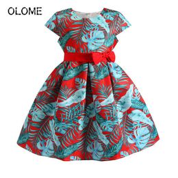 OLOME Summer Floral Girls Sleeveless Dress with Bow Tie Waistband Party Tropical Flower Children Skirts Ball Silky Kids Dress Q0716