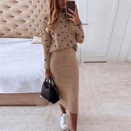 Autumn Winter Long Sleeve Pullover Tops And Skirt Sets Outfits Fashion Stars Printed Sweatshirt Women Set Casual Two Piece Suits 211109