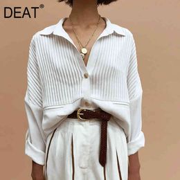 Women White Ruched Casual All-match Blouse Lapel Long Sleeve Loose Fit Shirt Fashion Tide Spring Autumn GX317 210421