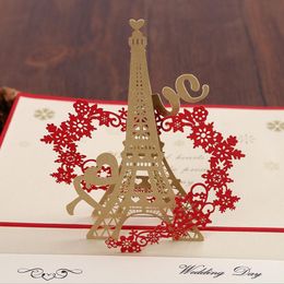 (50 pieces/lot) 3D Pop Up Tower French Wedding Invitation Card Bride & Groom Heart Red Marriage Guests Invitations IC108