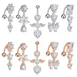 Zircon Navel Piercing Bar for Woman Stud Rose Gold Silver Color Dangling Belly Button Ring Stainless Steel Sexy Body Jewelry