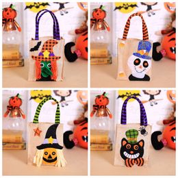 Cute Halloween linen Burlap Gift Wrap Tote Bags Trick or Treat Candy Bag Witch Pumpkin Black Cat Handbag Party Decoration Present Packaging TH0097