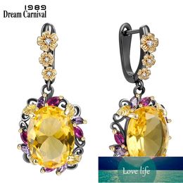 DreamCarnival Fabulous Statement Earrings Women Elegant Dazzling Golden Zirconia Anniversary Flower Hanging Jewellery WE4036G Factory price expert design