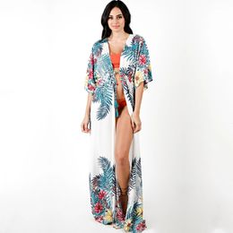 Floral Print Beach Cover up Tunics for Long Kaftan Bikini Robe de Plage Sarong Swimsuit cover #Q1053 210420