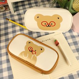 Japanese bear pencil bags girl heart student stationery pencils case simple and cute large capacity PU