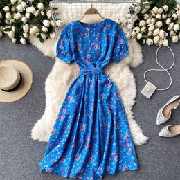 Women Fashion Round Neck Short Sleeve Lace Up Slim Floral Print A-line Casual Dress Harajuku Clothing Vestido De Mujer S676 210527