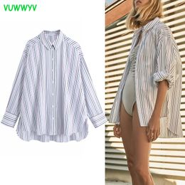 VUWWYV Oversized Striped Long Shirts for Women Summer Casual Streetwear Button Up Shirt Woman Full Sleeve Asymmetric Hem Tops 210430