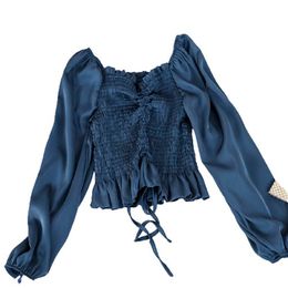 Women V-Neck Pleated Lantern Sleeve Drawstring Blouse Lasies Shirt B3005 210514