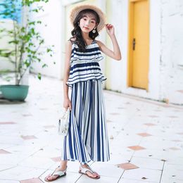 Girls Summer Set 2020 Casual Suit Striped Camisole + Wide-leg Cropped Pants Two-piece Children's Set 6-16 Years Old Q0716