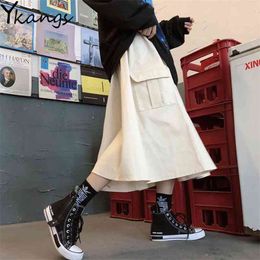 Gothic Black High Elastic Waist Harajuku Long Skirt Korean Casual Women Big Pocket Cargo Midi skirt Vintage Hip Hop Streetwear 210421