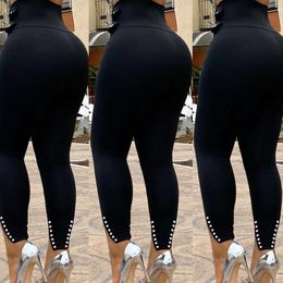 Black Pencil Pants Pearl High Waist Slim Skinny Streetwear Autumn Casual Workout Trousers Women Push Up Leggings D30 211006